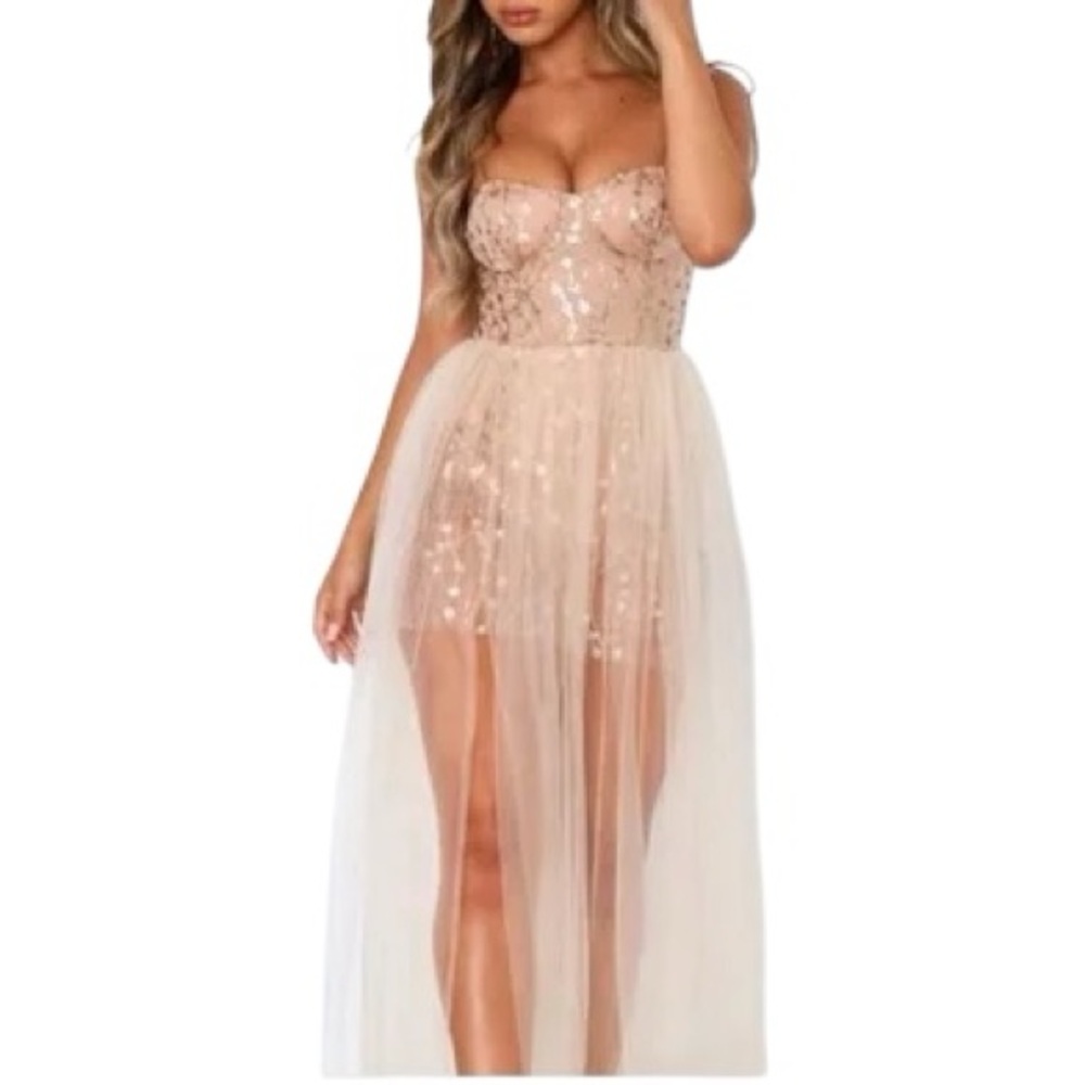 White Fox In The Spotlight Gold Sequin Corset Tulle Maxi Dress XS